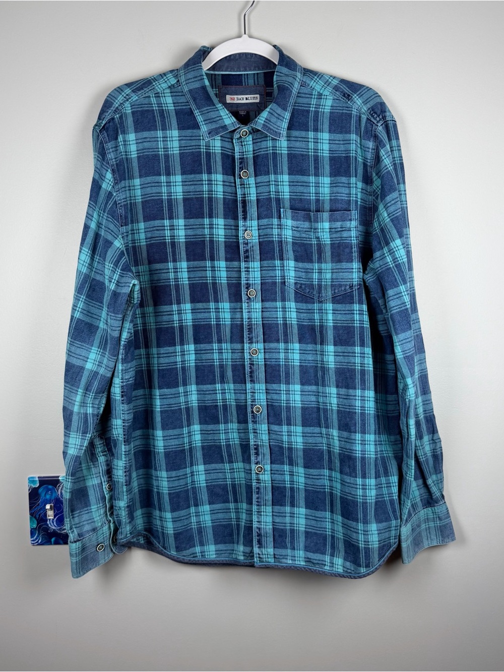 32 Bar Blues Long Sleeve Sunwashed Blue Plaid Button Down Cotton Shirt Men Large